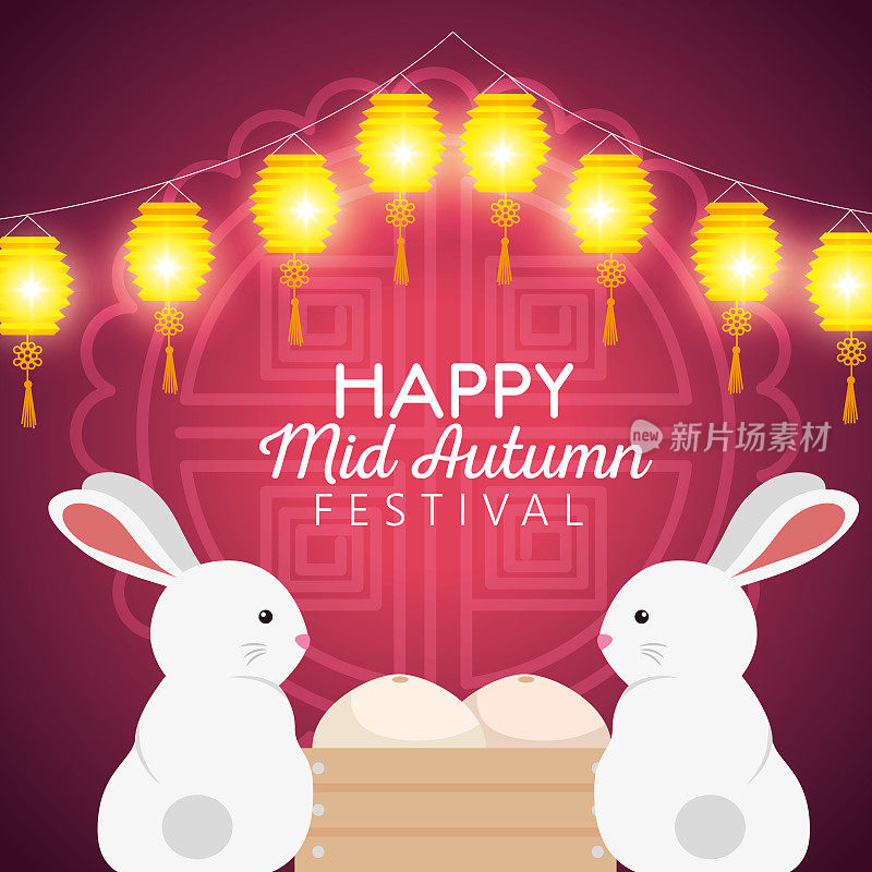 happy rabbits together with food and lanterns